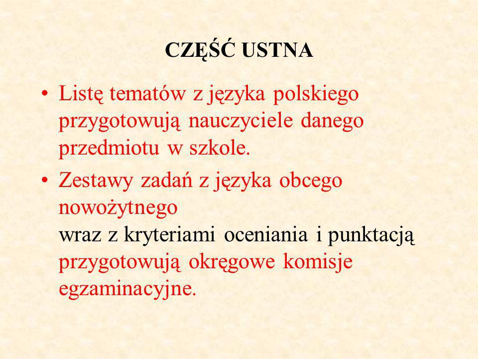 CZĘŚĆ USTNA Listę tematów z języka polskiego przygotowują nauczyciele danego przedmiotu w szkole.