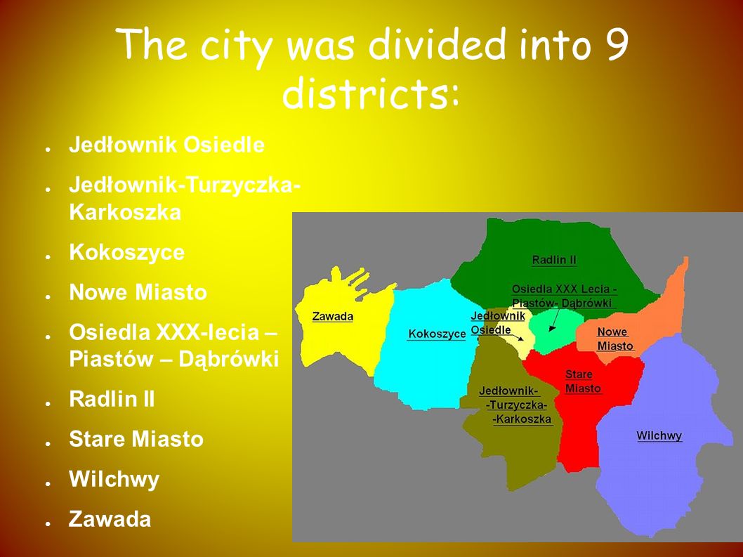 The city was divided into 9 districts: Jedłownik Osiedle Jedłownik-Turzyczka- Karkoszka Kokoszyce Nowe Miasto Osiedla XXX-lecia – Piastów – Dąbrówki Radlin II Stare Miasto Wilchwy Zawada