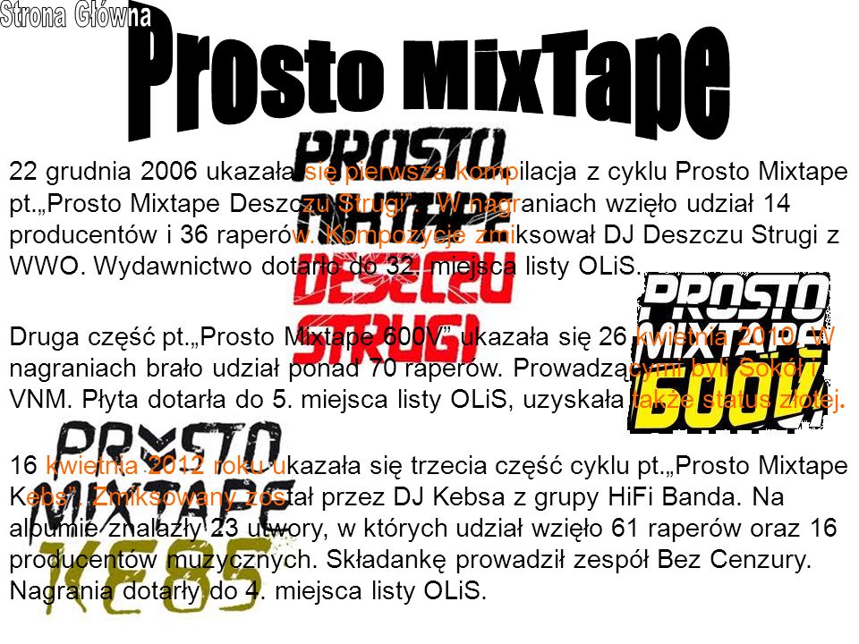 22 grudnia 2006 ukazała się pierwsza kompilacja z cyklu Prosto Mixtape pt.Prosto Mixtape Deszczu Strugi.