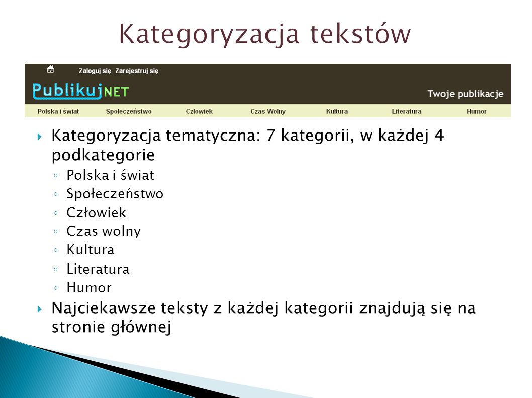 Kategoryzacja tematyczna: 7 kategorii, w każdej 4 podkategorie Polska i świat Społeczeństwo Człowiek Czas wolny Kultura Literatura Humor Najciekawsze teksty z każdej kategorii znajdują się na stronie głównej