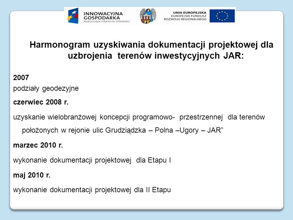 Harmonogram uzyskiwania dokumentacji projektowej dla uzbrojenia terenów inwestycyjnych JAR: 2007 podziały geodezyjne czerwiec 2008 r.