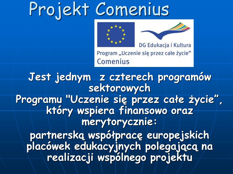 Projekt Comenius Jest jednym z czterech programów sektorowych Programu Uczenie się przez całe życie, który wspiera finansowo oraz merytorycznie: partnerską współpracę europejskich placówek edukacyjnych polegającą na realizacji wspólnego projektu
