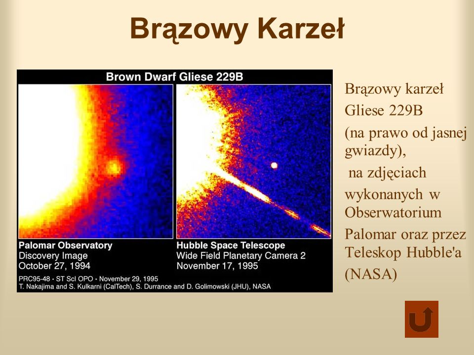 Brązowy Karzeł Brązowy karzeł Gliese 229B (na prawo od jasnej gwiazdy), na zdjęciach wykonanych w Obserwatorium Palomar oraz przez Teleskop Hubble a (NASA)