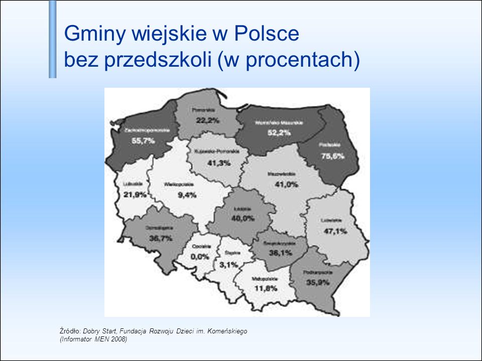Gminy wiejskie w Polsce bez przedszkoli (w procentach) Źródło: Dobry Start, Fundacja Rozwoju Dzieci im.
