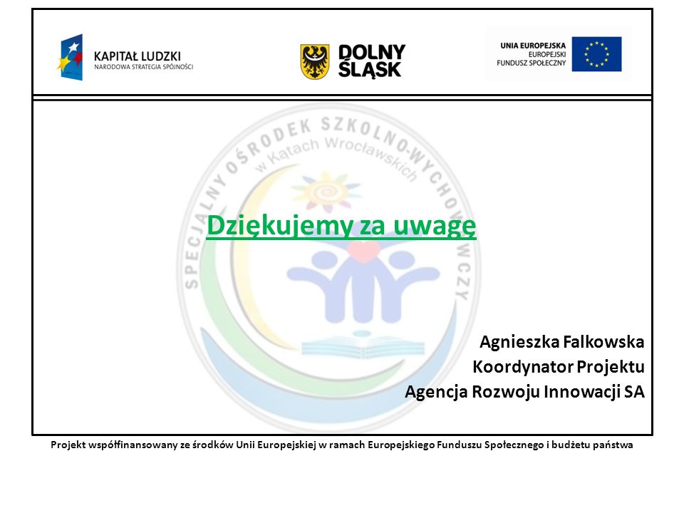 Dziękujemy za uwagę Agnieszka Falkowska Koordynator Projektu Agencja Rozwoju Innowacji SA Projekt współfinansowany ze środków Unii Europejskiej w ramach Europejskiego Funduszu Społecznego i budżetu państwa