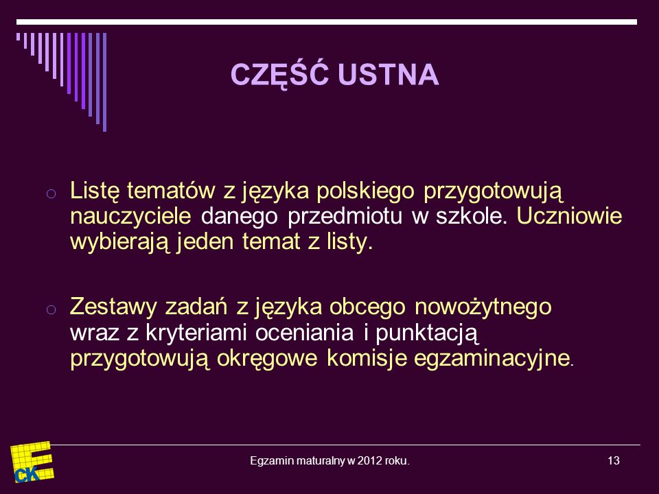Egzamin maturalny w 2012 roku.13 o Listę tematów z języka polskiego przygotowują nauczyciele danego przedmiotu w szkole.