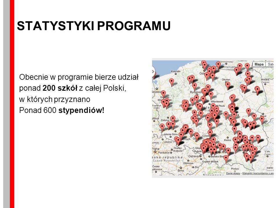 STATYSTYKI PROGRAMU Obecnie w programie bierze udział ponad 200 szkół z całej Polski, w których przyznano Ponad 600 stypendiów!