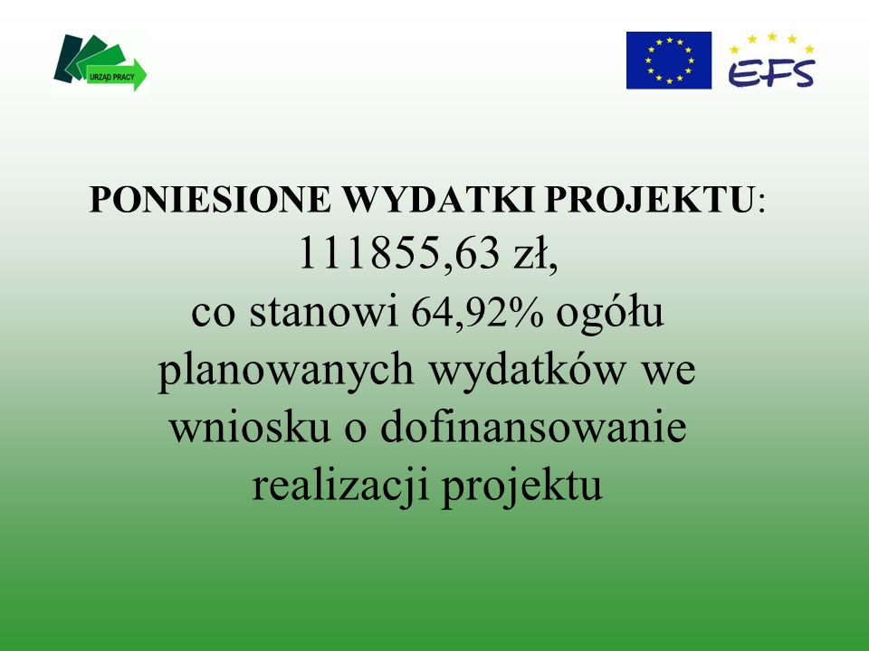 PONIESIONE WYDATKI PROJEKTU: ,63 zł, co stanowi 64,92% ogółu planowanych wydatków we wniosku o dofinansowanie realizacji projektu