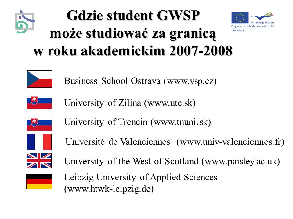 Gdzie student GWSP może studiować za granicą w roku akademickim Business School Ostrava (  University of Zilina (  University of Trencin (