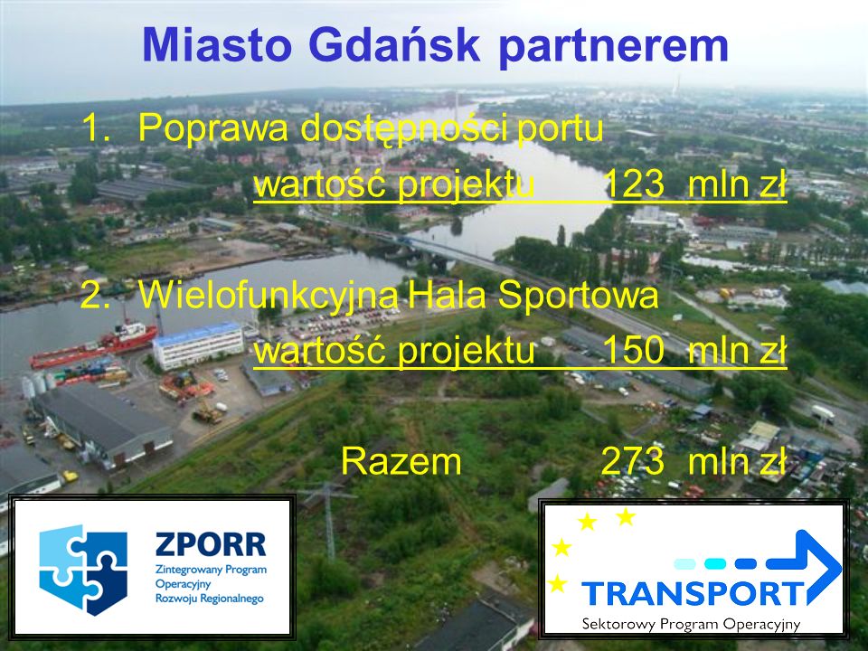 Miasto Gdańsk partnerem 1.Poprawa dostępności portu wartość projektu123mln zł 2.