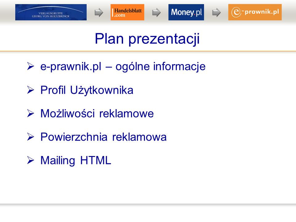 Plan prezentacji e-prawnik.pl – ogólne informacje Profil Użytkownika Możliwości reklamowe Powierzchnia reklamowa Mailing HTML