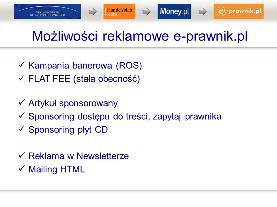 Możliwości reklamowe e-prawnik.pl Kampania banerowa (ROS) FLAT FEE (stała obecność) Artykuł sponsorowany Sponsoring dostępu do treści, zapytaj prawnika Sponsoring płyt CD Reklama w Newsletterze Mailing HTML