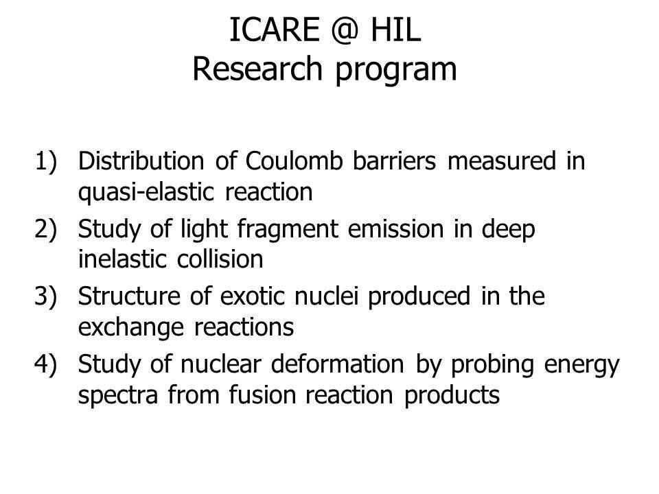 HIL Research program 1)Distribution of Coulomb barriers measured in quasi-elastic reaction 2)Study of light fragment emission in deep inelastic collision 3)Structure of exotic nuclei produced in the exchange reactions 4)Study of nuclear deformation by probing energy spectra from fusion reaction products
