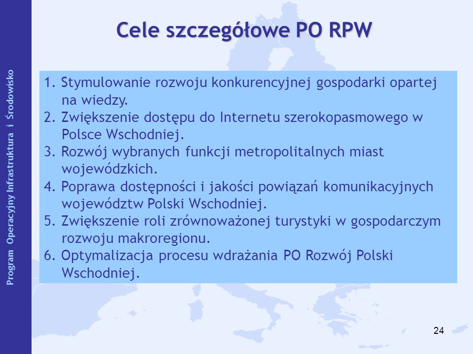 24 Cele szczegółowe PO RPW 1. Stymulowanie rozwoju konkurencyjnej gospodarki opartej na wiedzy.