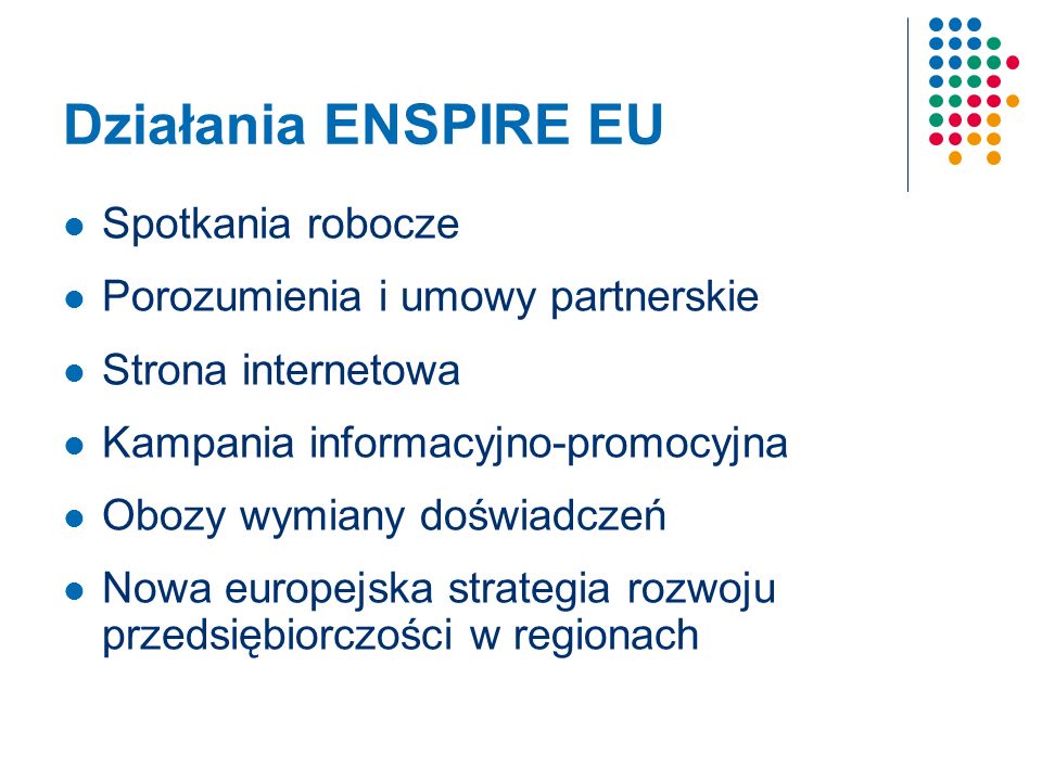 Działania ENSPIRE EU Spotkania robocze Porozumienia i umowy partnerskie Strona internetowa Kampania informacyjno-promocyjna Obozy wymiany doświadczeń Nowa europejska strategia rozwoju przedsiębiorczości w regionach