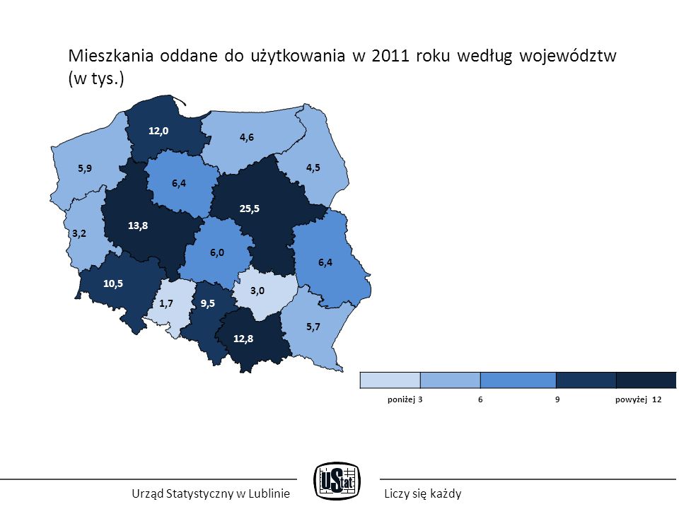 Urząd Statystyczny w LublinieLiczy się każdy Mieszkania oddane do użytkowania w 2011 roku według województw (w tys.) 5,9 3,2 12,0 4,6 13,8 6,4 25,5 4,5 6,4 10,5 1,7 6,0 3,0 9,5 12,8 5,7 poniżej powyżej 12