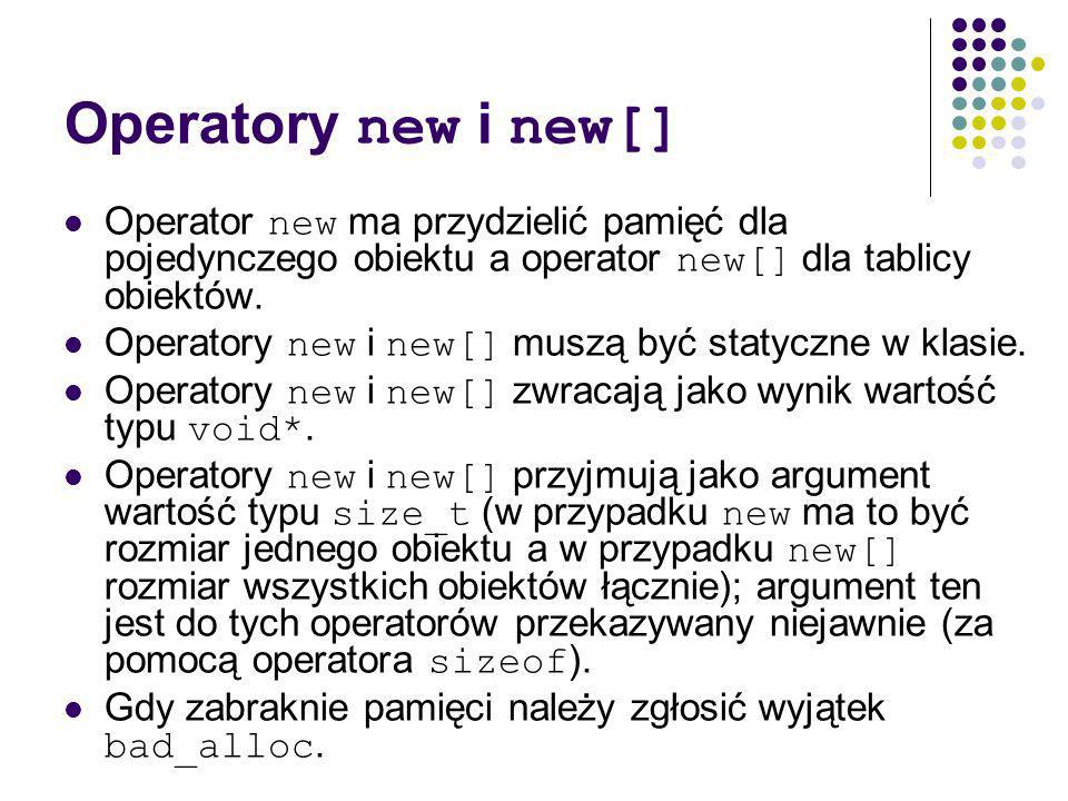 Operatory new i new[] Operator new ma przydzielić pamięć dla pojedynczego obiektu a operator new[] dla tablicy obiektów.