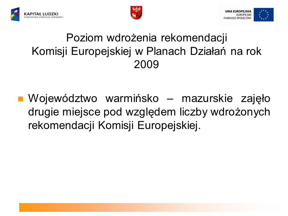 Poziom wdrożenia rekomendacji Komisji Europejskiej w Planach Działań na rok 2009 Województwo warmińsko – mazurskie zajęło drugie miejsce pod względem liczby wdrożonych rekomendacji Komisji Europejskiej.