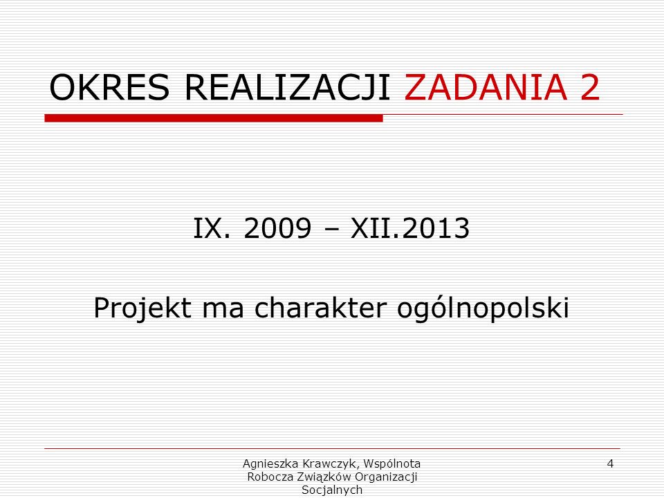 Agnieszka Krawczyk, Wspólnota Robocza Związków Organizacji Socjalnych 4 OKRES REALIZACJI ZADANIA 2 IX.