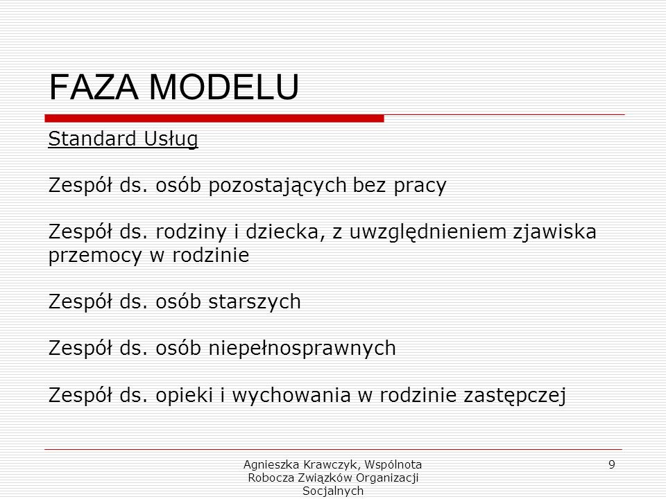 Agnieszka Krawczyk, Wspólnota Robocza Związków Organizacji Socjalnych 9 FAZA MODELU Standard Usług Zespół ds.