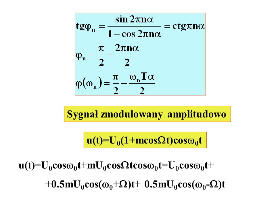 Sygnał zmodulowany amplitudowo u(t)=U 0 (1+mcos t)cos 0 t u(t)=U 0 cos 0 t+mU 0 cos tcos 0 t=U 0 cos 0 t+ +0.5mU 0 cos( 0 + )t+ 0.5mU 0 cos( 0 - )t