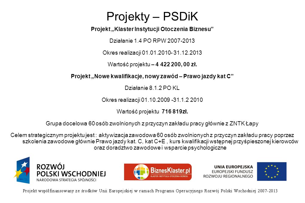 Projekty – PSDiK Projekt Klaster Instytucji Otoczenia Biznesu Działanie 1.4 PO RPW Okres realizacji Wartość projektu – , 00 zł.