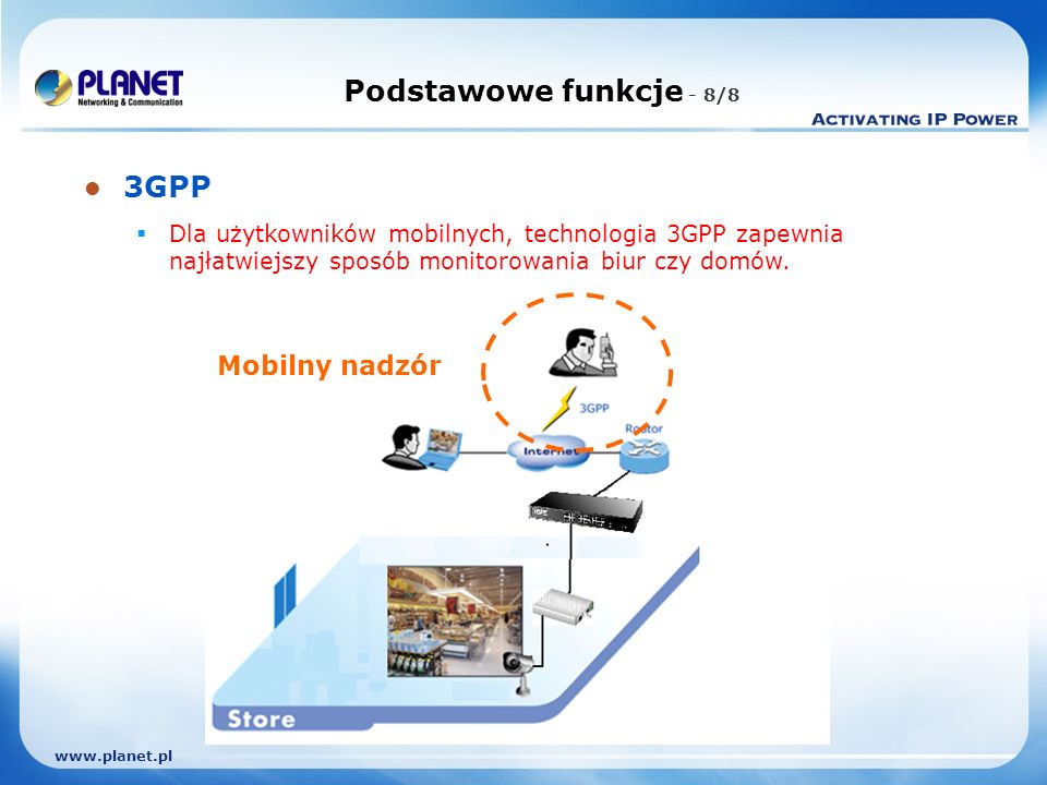 Podstawowe funkcje - 8/8 3GPP Dla użytkowników mobilnych, technologia 3GPP zapewnia najłatwiejszy sposób monitorowania biur czy domów.