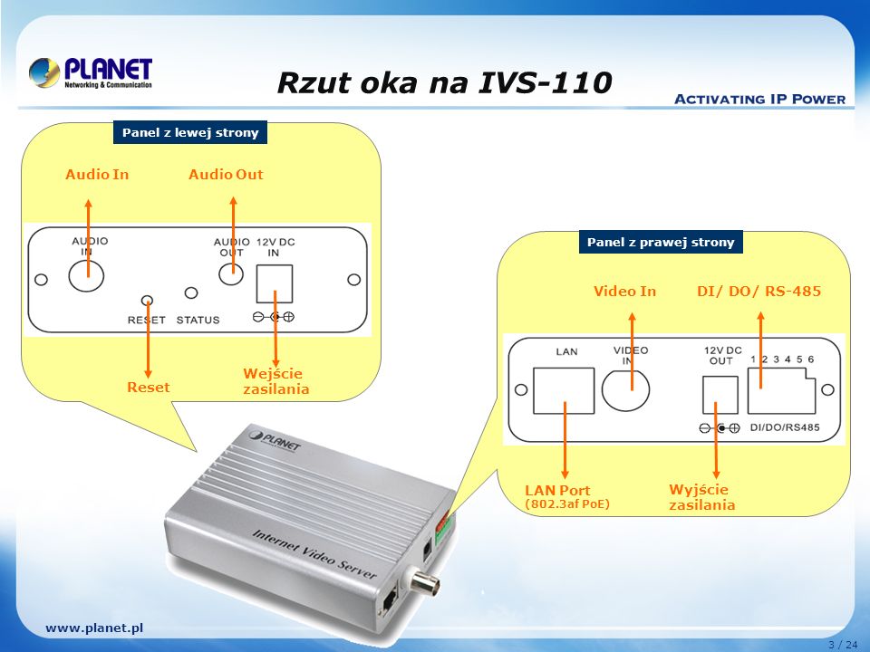 3 / 24 Rzut oka na IVS-110 Audio In Reset Wejście zasilania Panel z lewej strony Audio Out Panel z prawej strony Video In LAN Port (802.3af PoE) Wyjście zasilania DI/ DO/ RS-485