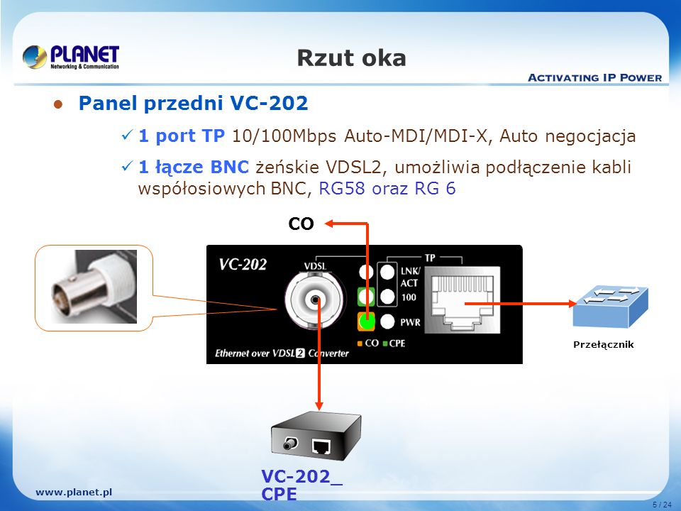 5 / 24 Panel przedni VC port TP 10/100Mbps Auto-MDI/MDI-X, Auto negocjacja 1 łącze BNC żeńskie VDSL2, umożliwia podłączenie kabli współosiowych BNC, RG58 oraz RG 6 Rzut oka CO Przełącznik VC-202_ CPE