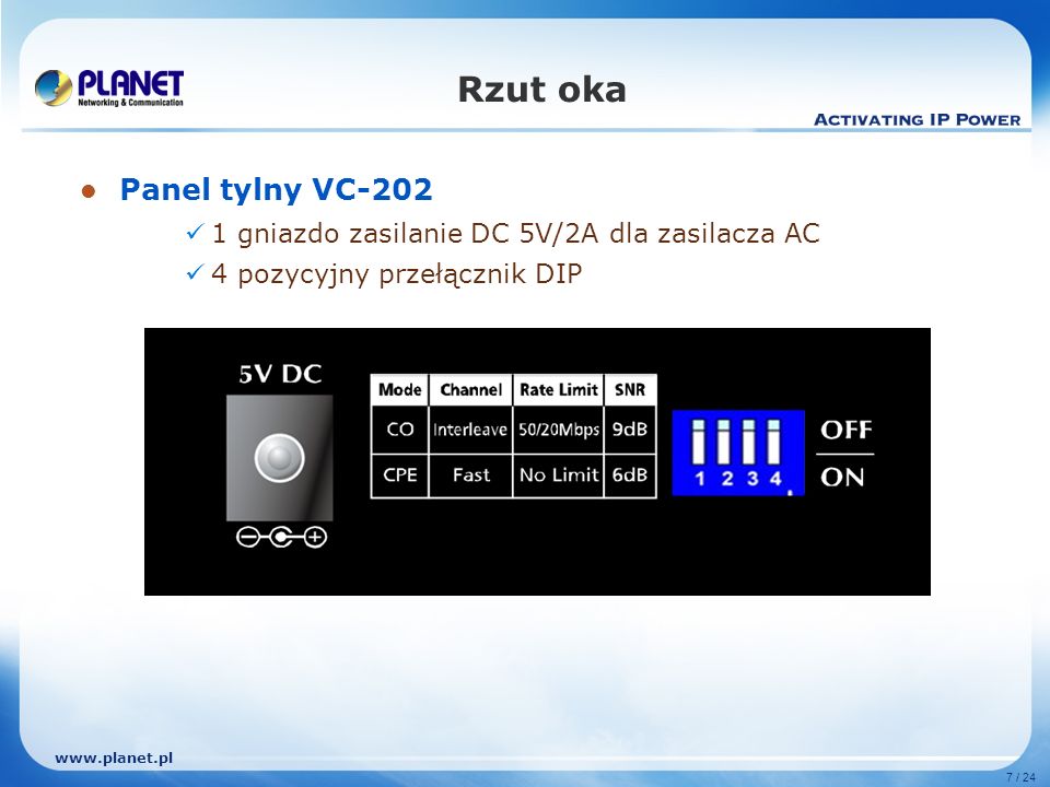 7 / 24 Rzut oka Panel tylny VC gniazdo zasilanie DC 5V/2A dla zasilacza AC 4 pozycyjny przełącznik DIP