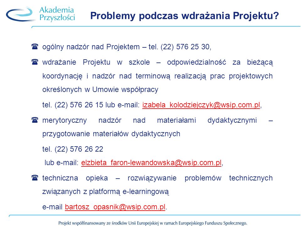 Problemy podczas wdrażania Projektu. ogólny nadzór nad Projektem – tel.