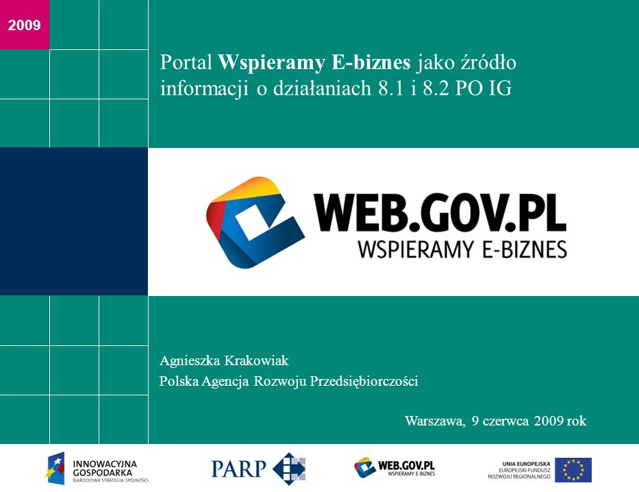 2009 Portal Wspieramy E-biznes jako źródło informacji o działaniach 8.1 i 8.2 PO IG Agnieszka Krakowiak Polska Agencja Rozwoju Przedsiębiorczości Warszawa, 9 czerwca 2009 rok