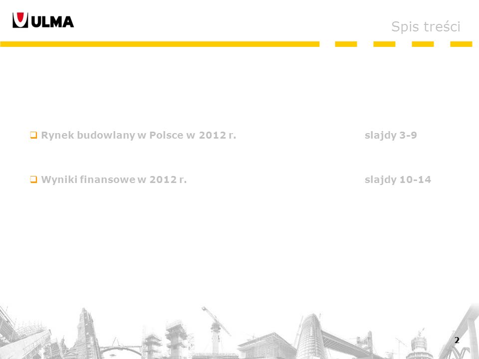 2 Rynek budowlany w Polsce w 2012 r. slajdy 3-9 Wyniki finansowe w 2012 r.slajdy Spis treści