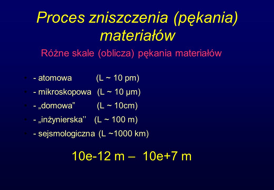 Proces zniszczenia (pękania) materiałów Różne skale (oblicza) pękania materiałów - atomowa (L ~ 10 pm) - mikroskopowa (L ~ 10 μm) - domowa (L ~ 10cm) - inżynierska (L ~ 100 m) - sejsmologiczna (L ~1000 km) 10e-12 m – 10e+7 m