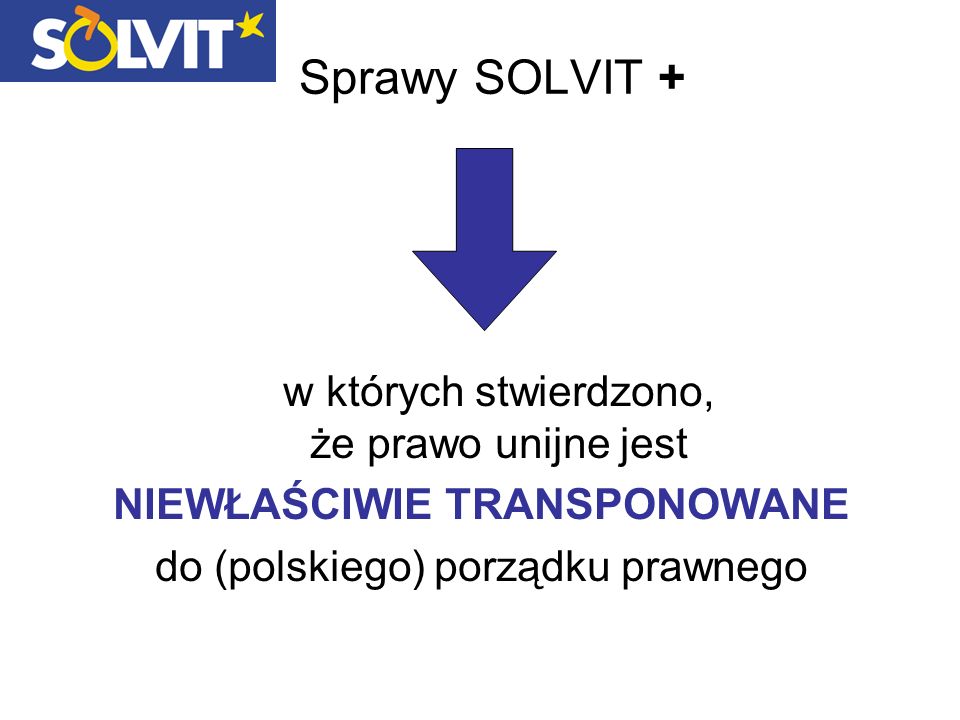Sprawy SOLVIT + w których stwierdzono, że prawo unijne jest NIEWŁAŚCIWIE TRANSPONOWANE do (polskiego) porządku prawnego