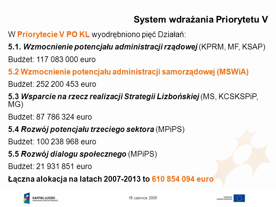 18 czerwca 2009 System wdrażania Priorytetu V W Priorytecie V PO KL wyodrębniono pięć Działań: 5.1.