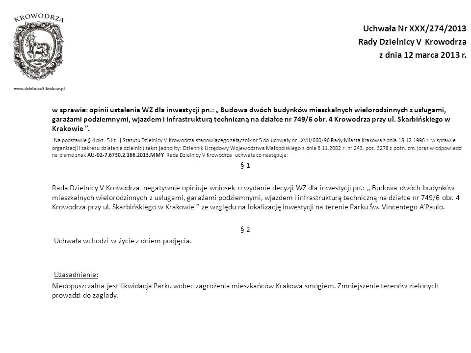 Uchwała Nr XXX/274/2013 Rady Dzielnicy V Krowodrza z dnia 12 marca 2013 r.