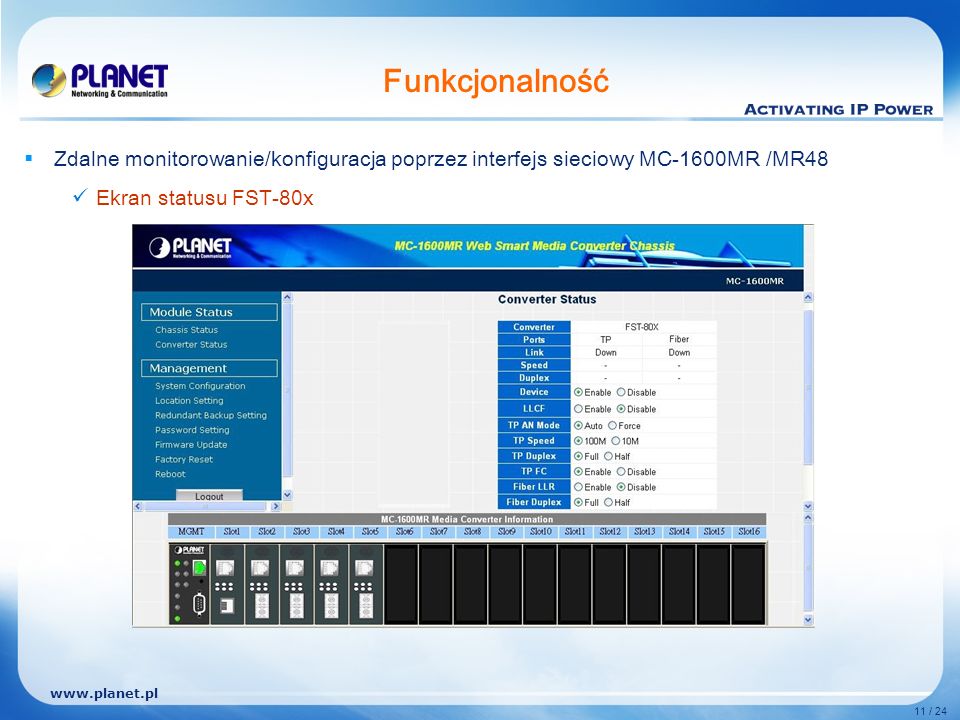11 / 24 Funkcjonalność Zdalne monitorowanie/konfiguracja poprzez interfejs sieciowy MC-1600MR /MR48 Ekran statusu FST-80x