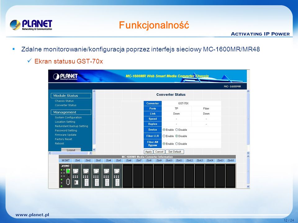 12 / 24 Funkcjonalność Zdalne monitorowanie/konfiguracja poprzez interfejs sieciowy MC-1600MR/MR48 Ekran statusu GST-70x
