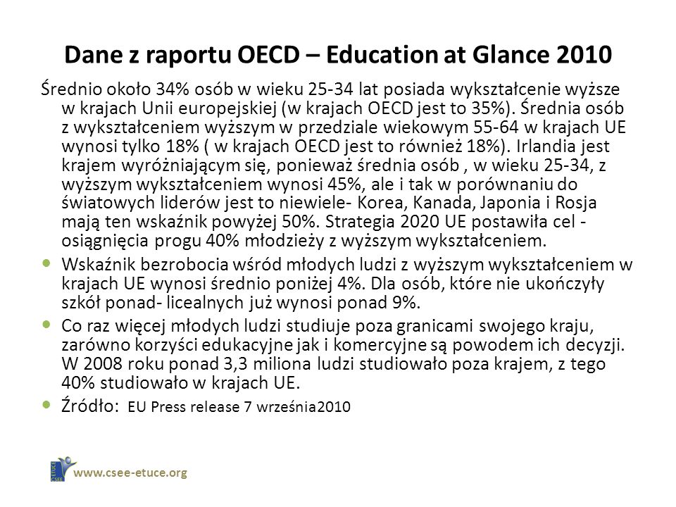 Dane z raportu OECD – Education at Glance 2010 Średnio około 34% osób w wieku lat posiada wykształcenie wyższe w krajach Unii europejskiej (w krajach OECD jest to 35%).
