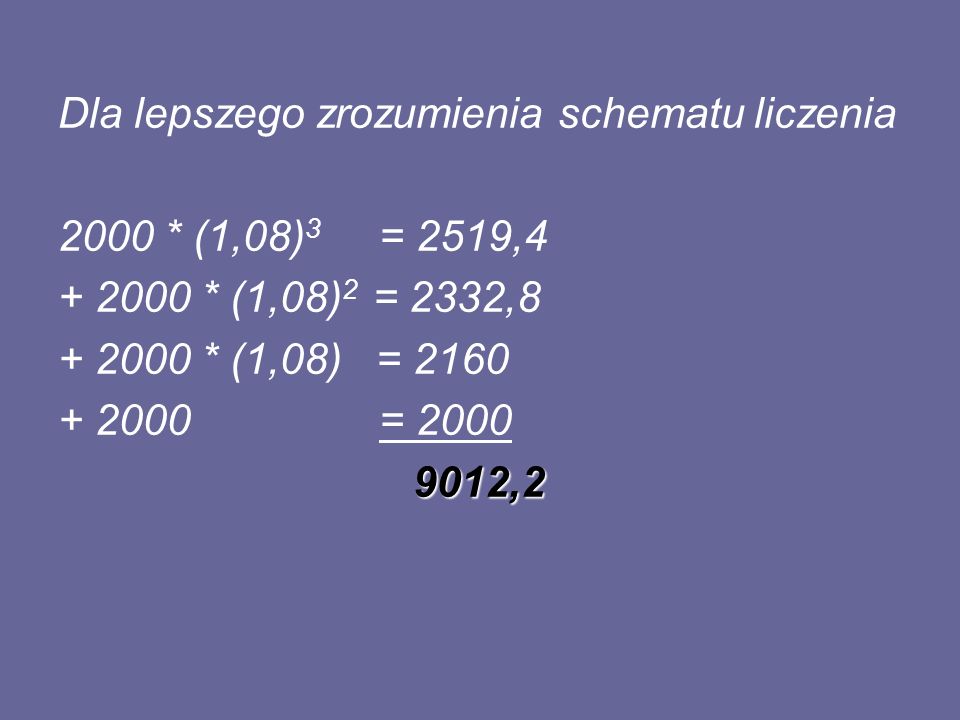 Dla lepszego zrozumienia schematu liczenia 2000 * (1,08) 3 = 2519, * (1,08) 2 = 2332, * (1,08) = = ,2 9012,2