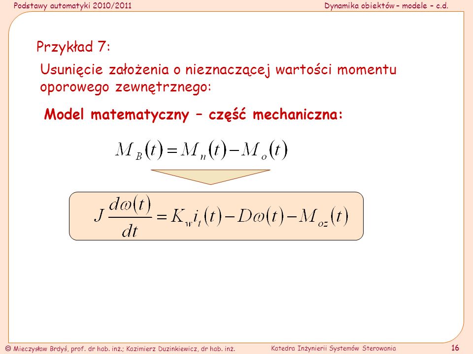 Podstawy automatyki 2010/2011Dynamika obiektów – modele – c.d.