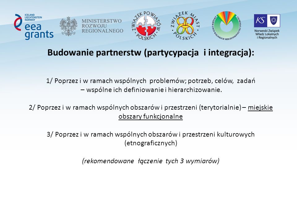 Budowanie partnerstw (partycypacja i integracja): 1/ Poprzez i w ramach wspólnych problemów; potrzeb, celów, zadań – wspólne ich definiowanie i hierarchizowanie.