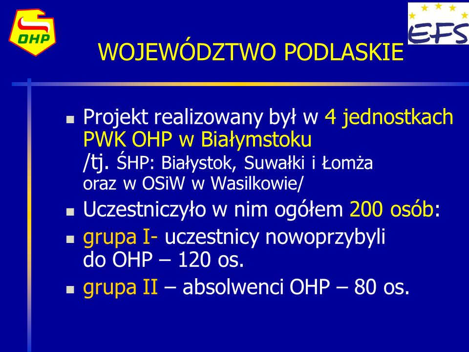 WOJEWÓDZTWO PODLASKIE Projekt realizowany był w 4 jednostkach PWK OHP w Białymstoku /tj.