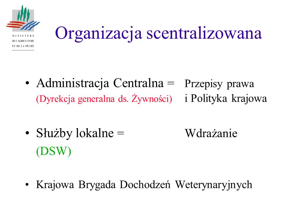 Organizacja scentralizowana Administracja Centralna = Przepisy prawa (Dyrekcja generalna ds.