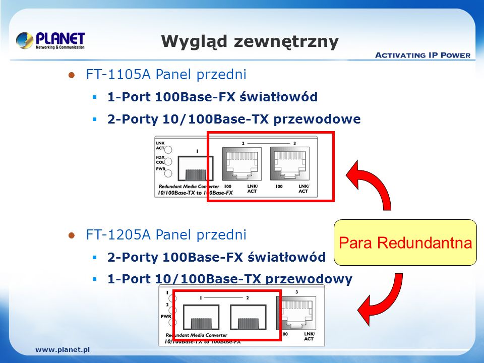 FT-1105A Panel przedni 1-Port 100Base-FX światłowód 2-Porty 10/100Base-TX przewodowe FT-1205A Panel przedni 2-Porty 100Base-FX światłowód 1-Port 10/100Base-TX przewodowy Wygląd zewnętrzny Para Redundantna