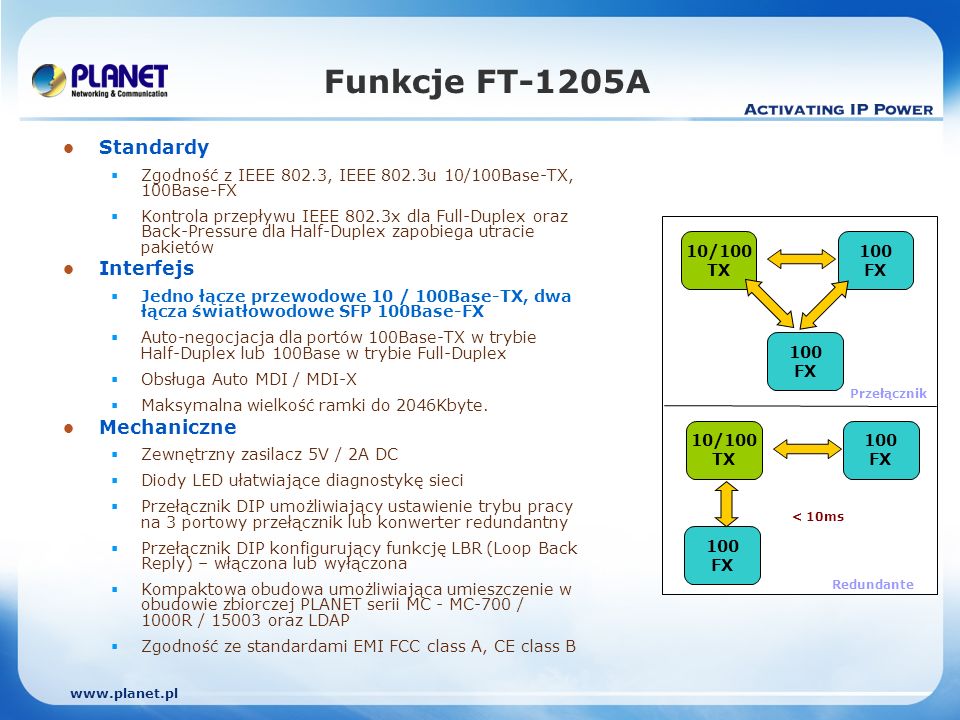 Funkcje FT-1205A Standardy Zgodność z IEEE 802.3, IEEE 802.3u 10/100Base-TX, 100Base-FX Kontrola przepływu IEEE 802.3x dla Full-Duplex oraz Back-Pressure dla Half-Duplex zapobiega utracie pakietów Interfejs Jedno łącze przewodowe 10 / 100Base-TX, dwa łącza światłowodowe SFP 100Base-FX Auto-negocjacja dla portów 100Base-TX w trybie Half-Duplex lub 100Base w trybie Full-Duplex Obsługa Auto MDI / MDI-X Maksymalna wielkość ramki do 2046Kbyte.