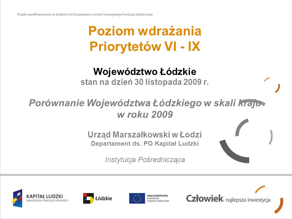 Poziom wdrażania Priorytetów VI - IX Województwo Łódzkie stan na dzień 30 listopada 2009 r.
