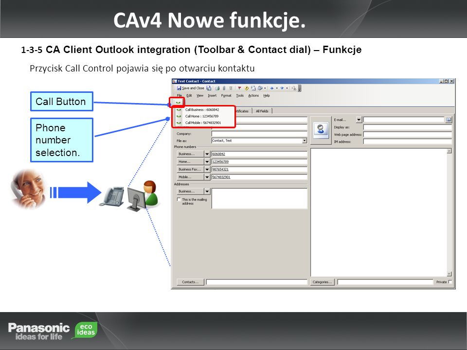 Przycisk Call Control pojawia się po otwarciu kontaktu CAv4 Nowe funkcje.