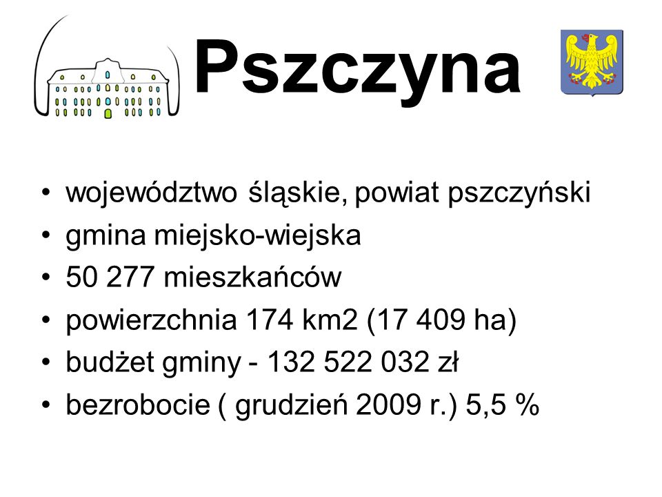 województwo śląskie, powiat pszczyński gmina miejsko-wiejska mieszkańców powierzchnia 174 km2 ( ha) budżet gminy zł bezrobocie ( grudzień 2009 r.) 5,5 % Pszczyna